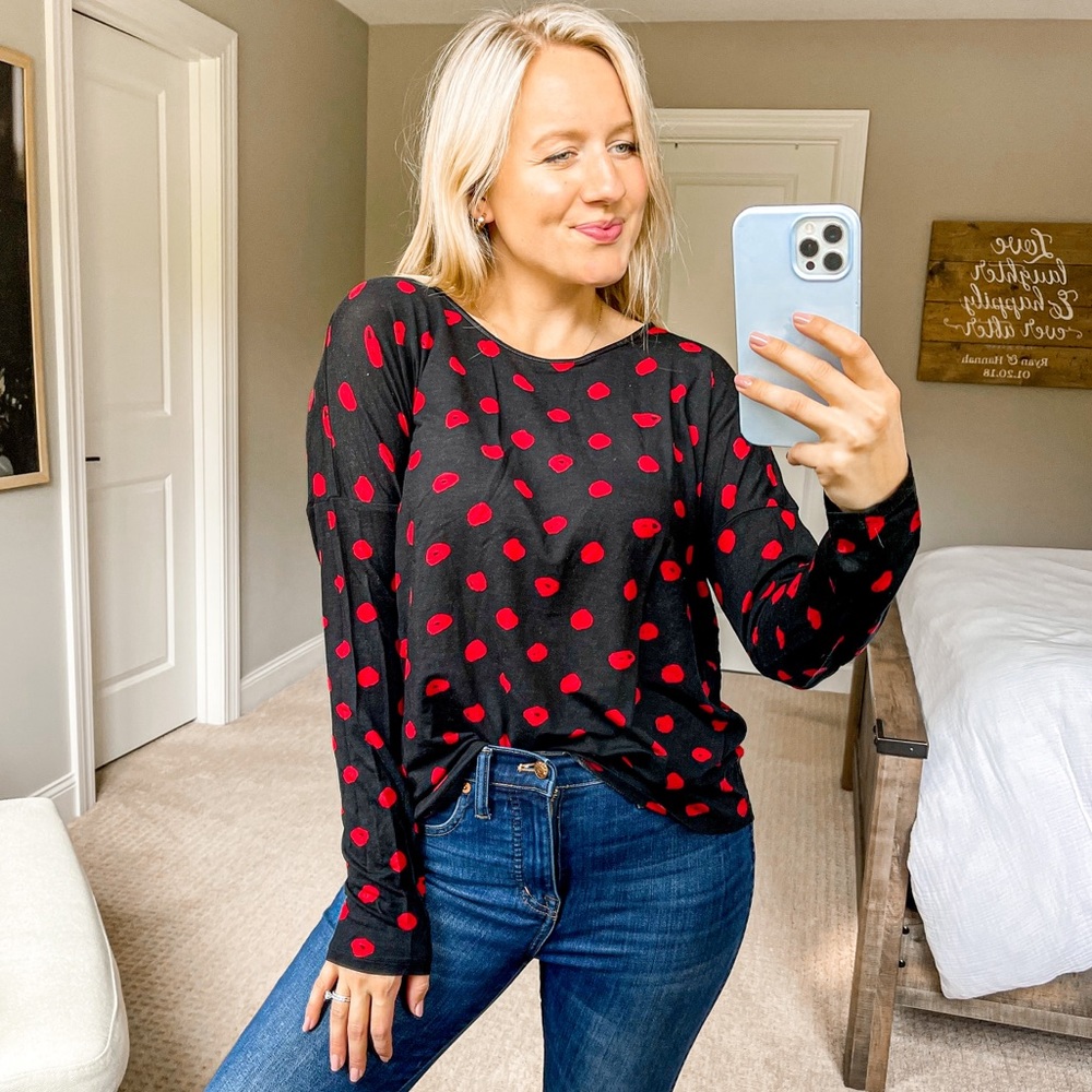 Eric + Lani Dot Print Long Sleeve Top Black Red XL